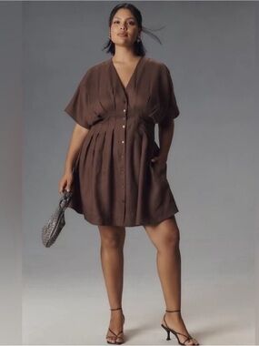 Anthropologie The Tobie Linen Pleated Mini Shirt Dress by Exquise